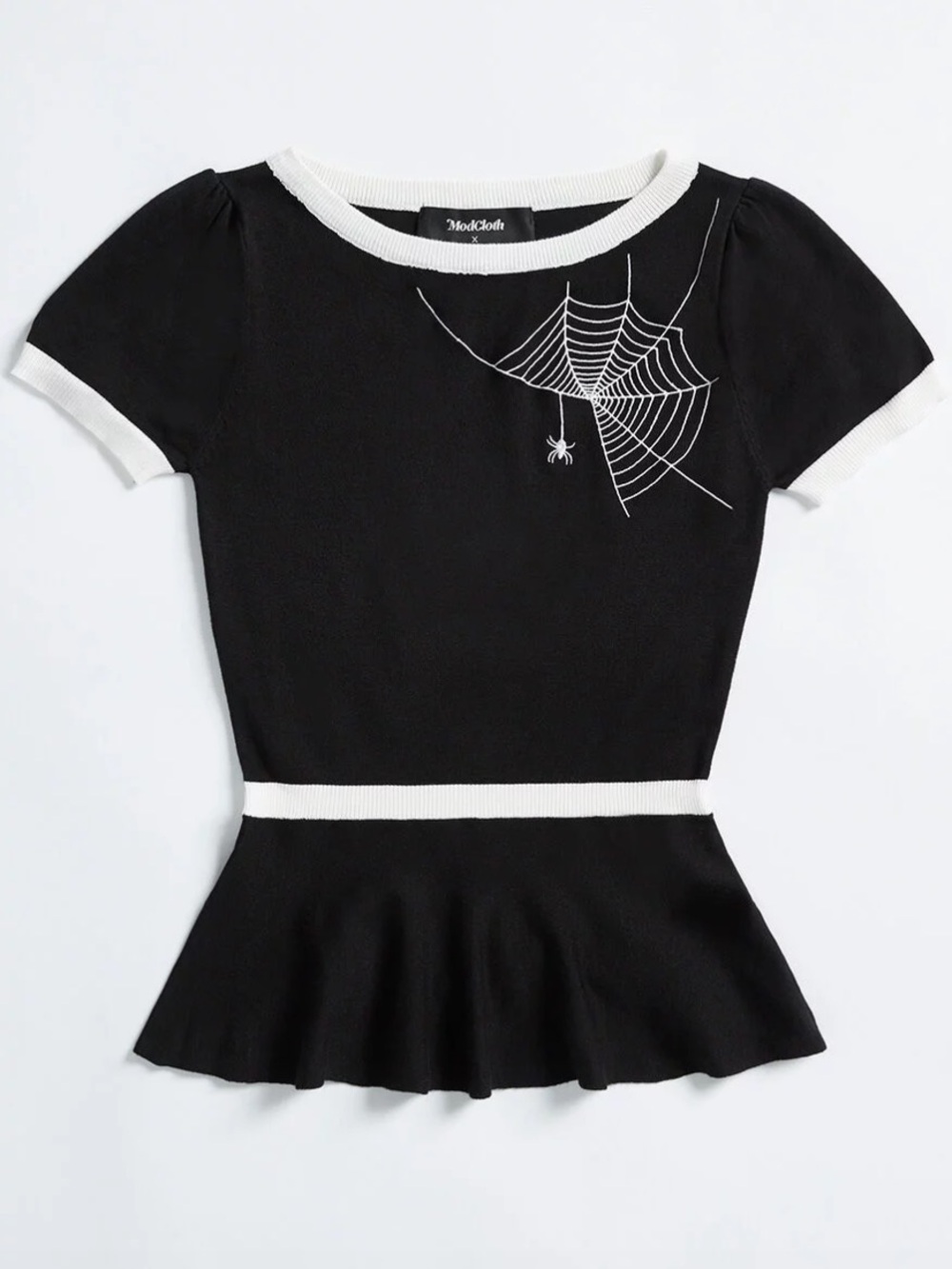 ModCloth Black Knit Peplum Top with White Spiderweb Accent